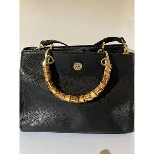 Kate Landry square black vegan Leather bamboo handle tote purse gold hardware